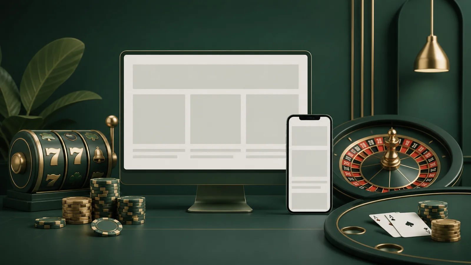 Ilustração editorial de um lobby de cassino com slots, roleta e cartas