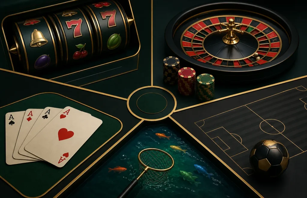 Categorias de cassino representadas por slots, roleta, cartas e pescaria