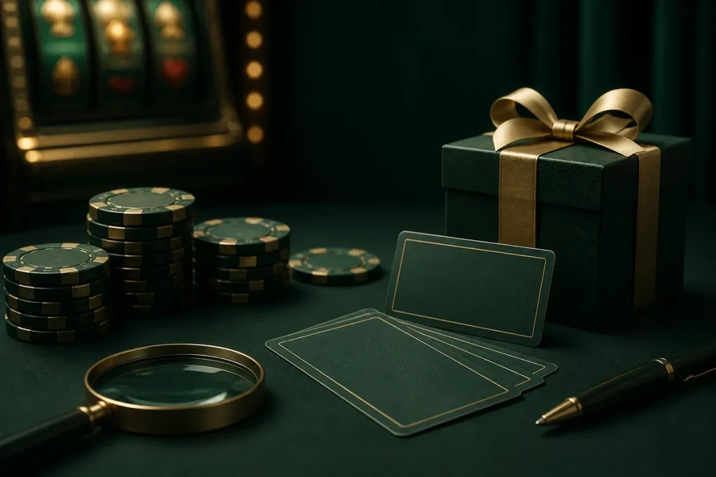 Chips e cartões sem texto representando promoções de cassino observadas